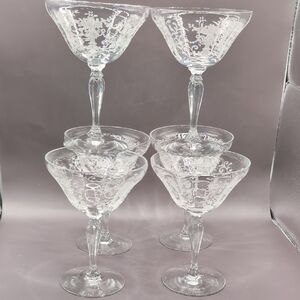 Six 6 Vintage Fostoria Florentine Etched Crystal Champagne Coupe Glasses 5.5"